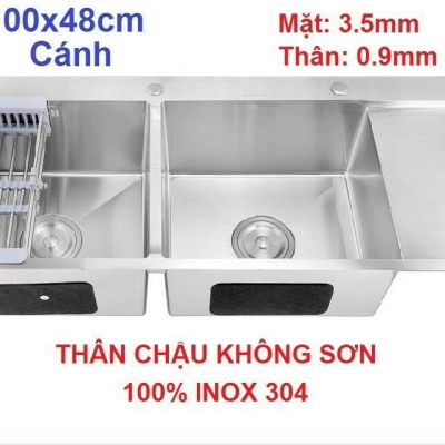 D10048KS 304 100% - CHẬU CHÉN 2 HỘC CÓ CANH 304 KHÔNG SƠN CAO CẤP