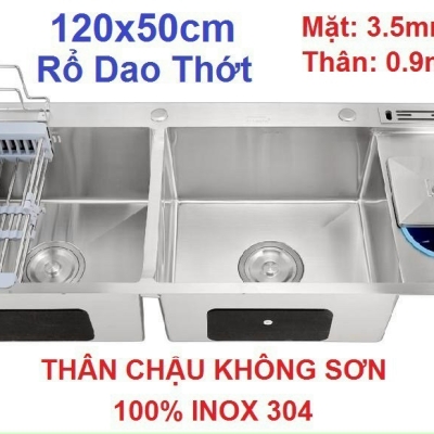D10048KSDT 304 100% - CHẬU CHÉN 2 HỘC CÓ CANH DAO THỚT 304 KHÔNG SƠN CAO CẤP